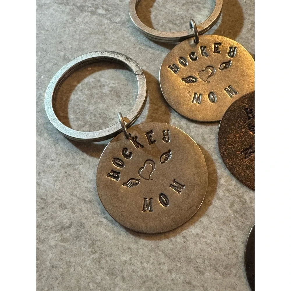 Hockey Mom Hand Stamped Metal Keychain Lot 5pc Winged Heart Silver Bronze Copper